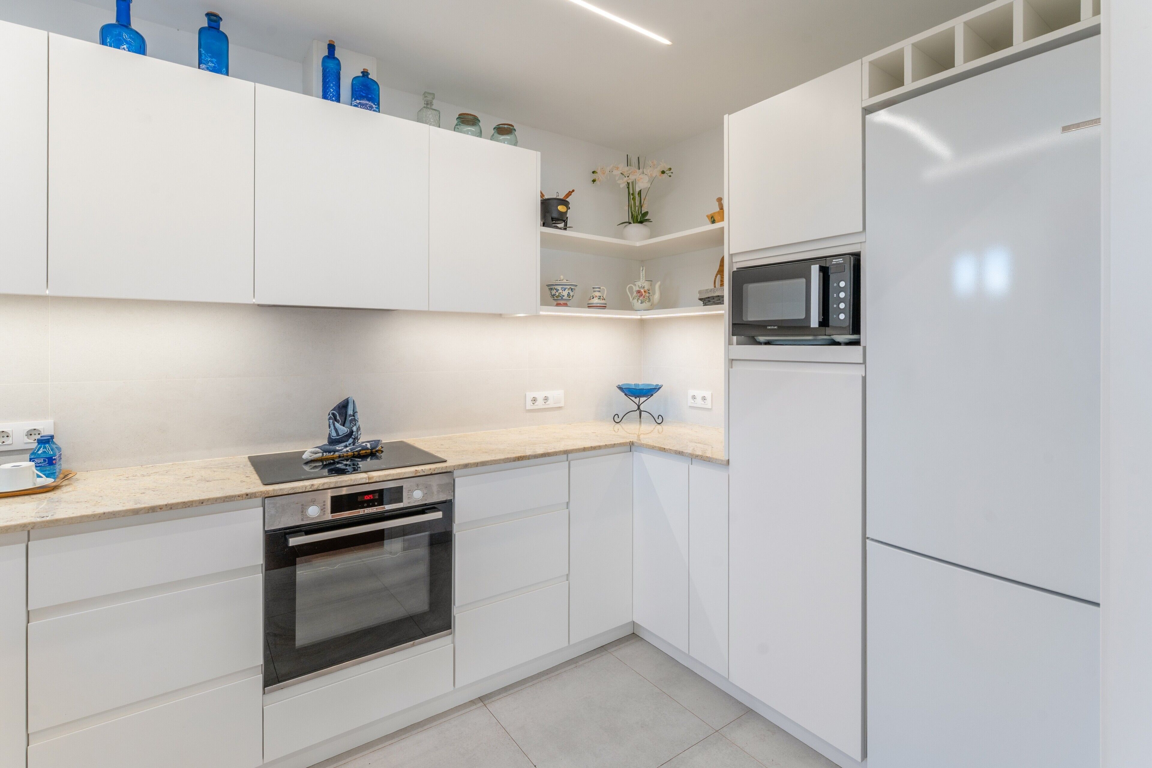 Frigorífico, microondas, horno y placa de cocina