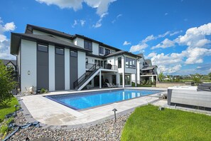 A modern two-story house with a swimming pool, a covered patio, and a large deck area. - Luxe Plymouth Group Getaway w/ Office & Foosball (Plymouth)