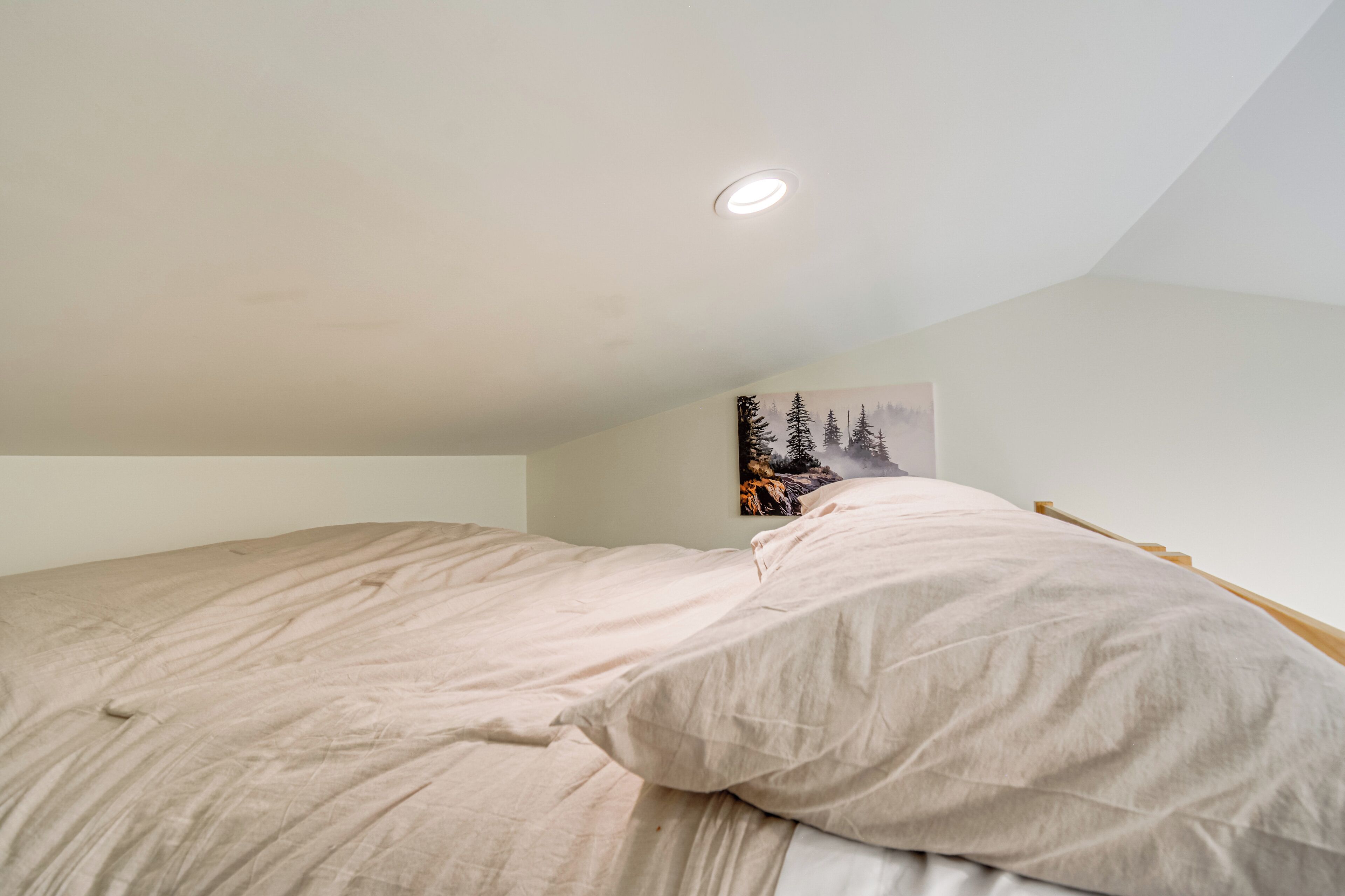 Une chambre à coucher avec un lit, un tableau au mur et un luminaire au plafond.