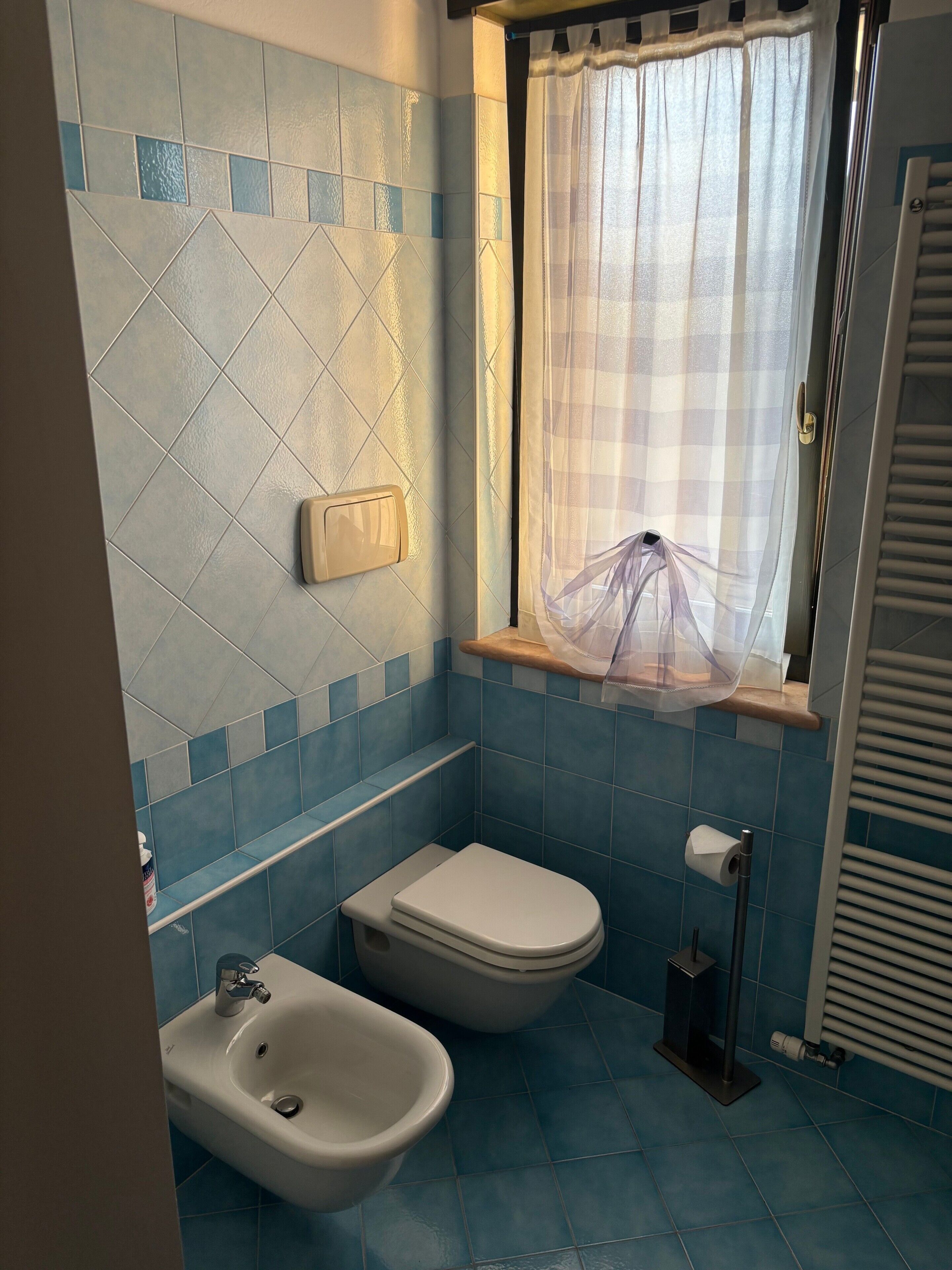 Une salle de bain équipée d’un bidet, de toilettes et d’une fenêtre avec un rideau.