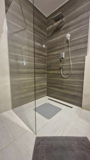 Eine moderne Dusche mit Glastür, Handbrause und Deckenbrause.