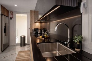 Eine moderne Küche mit Spüle aus Edelstahl, Backofen und Kaffeemaschine.
