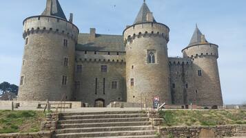 A castle with multiple towers, a central entrance, and stone steps leading up to the entrance.