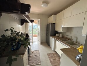Eine Küche mit weißen Schränken, einem Kühlschrank, einer Spüle und Blick auf eine Berglandschaft durch eine offene Tür.