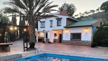 A two-story house with a swimming pool, outdoor lighting, and a large palm tree.