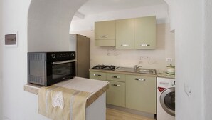A compact kitchen with a built-in oven, a gas stove, a sink, and a washing machine. - Holiday Home 'Casa Gio e Angy' with Sea View, Wi-Fi & Air Conditioning (Forio)