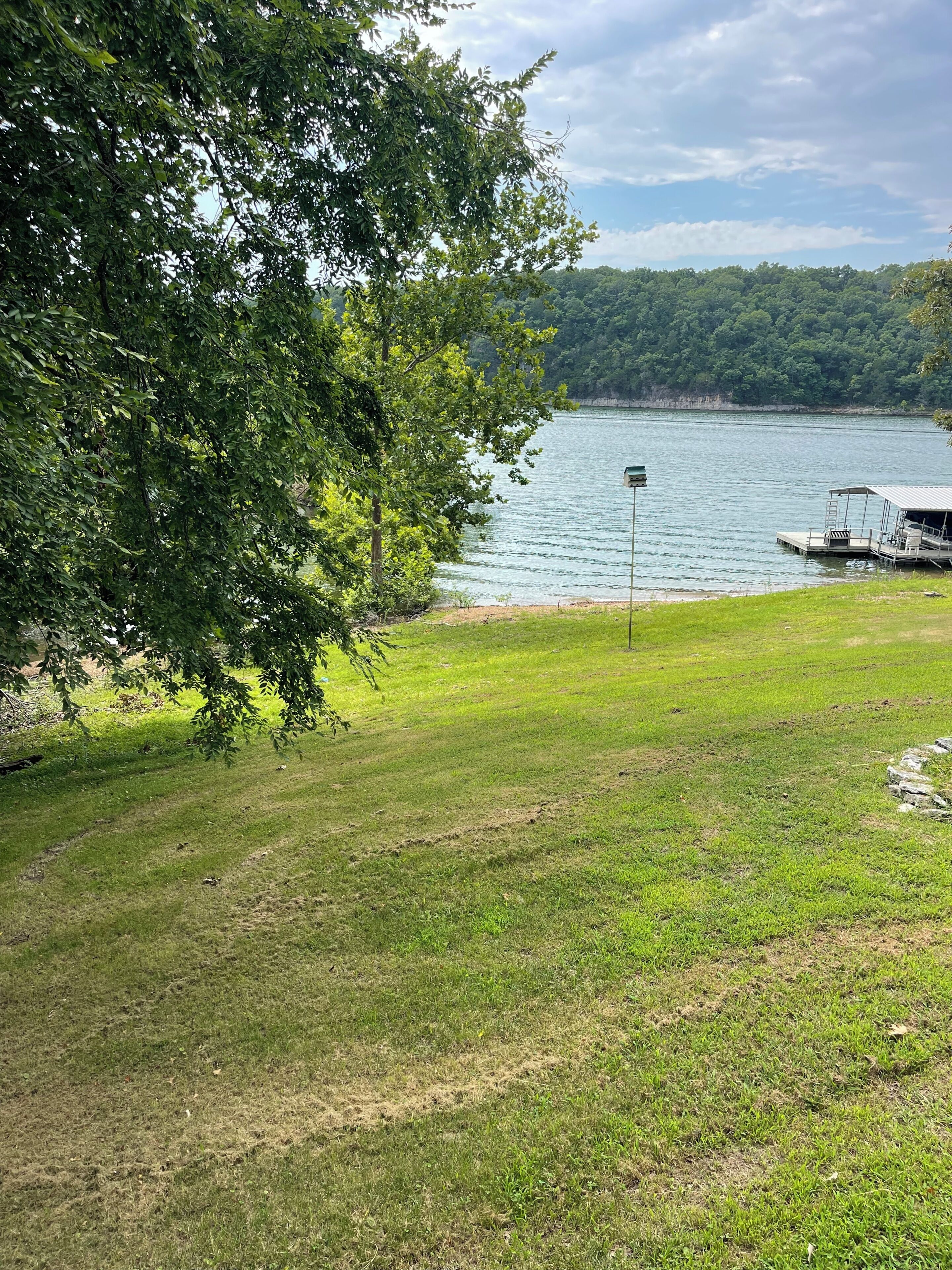A grassy area with a dock and a boat, a lake, and a forested hill in the background.