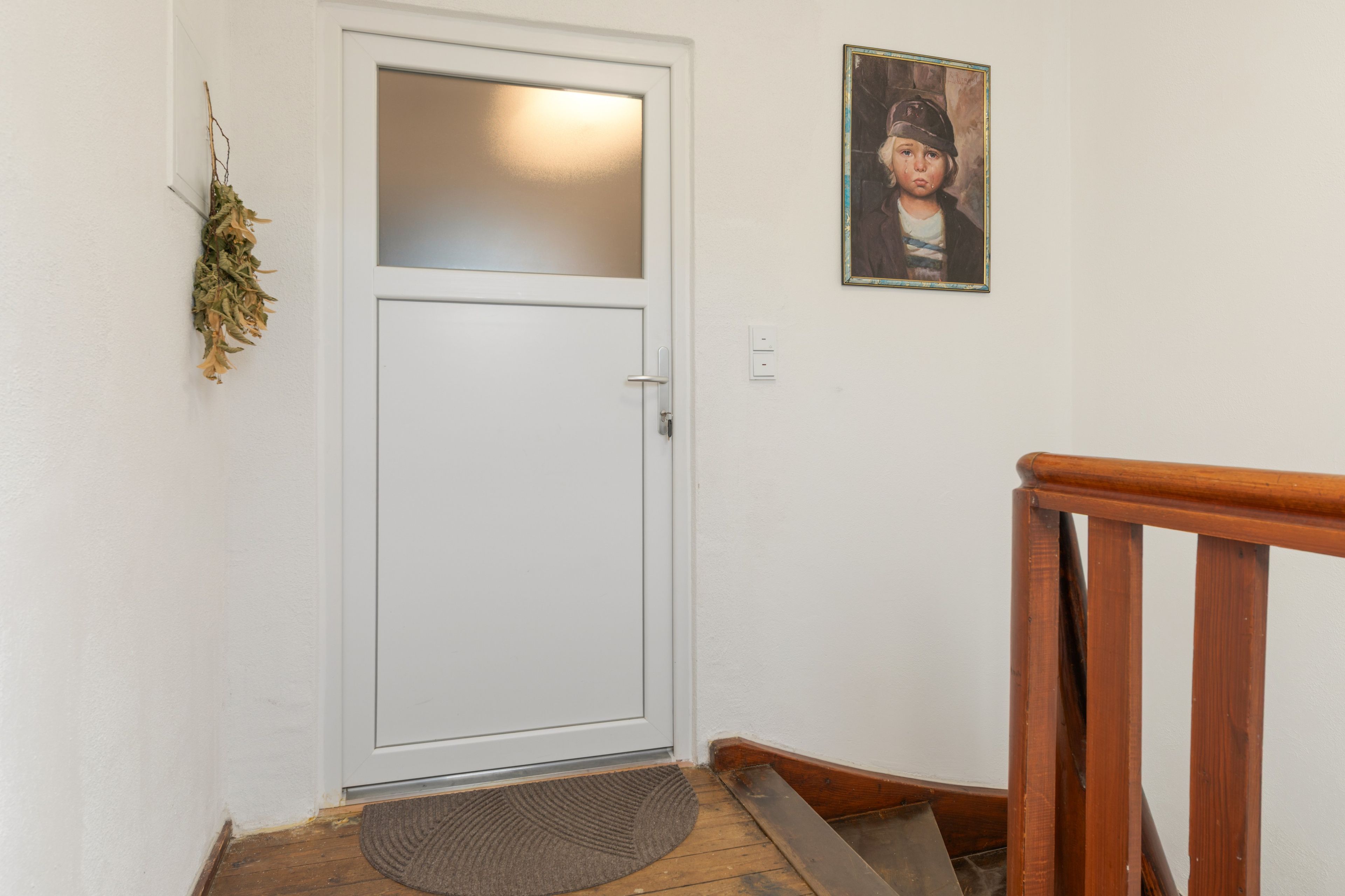 A white door with a frosted glass panel, a doormat, a wall-mounted light switch, and a framed picture.