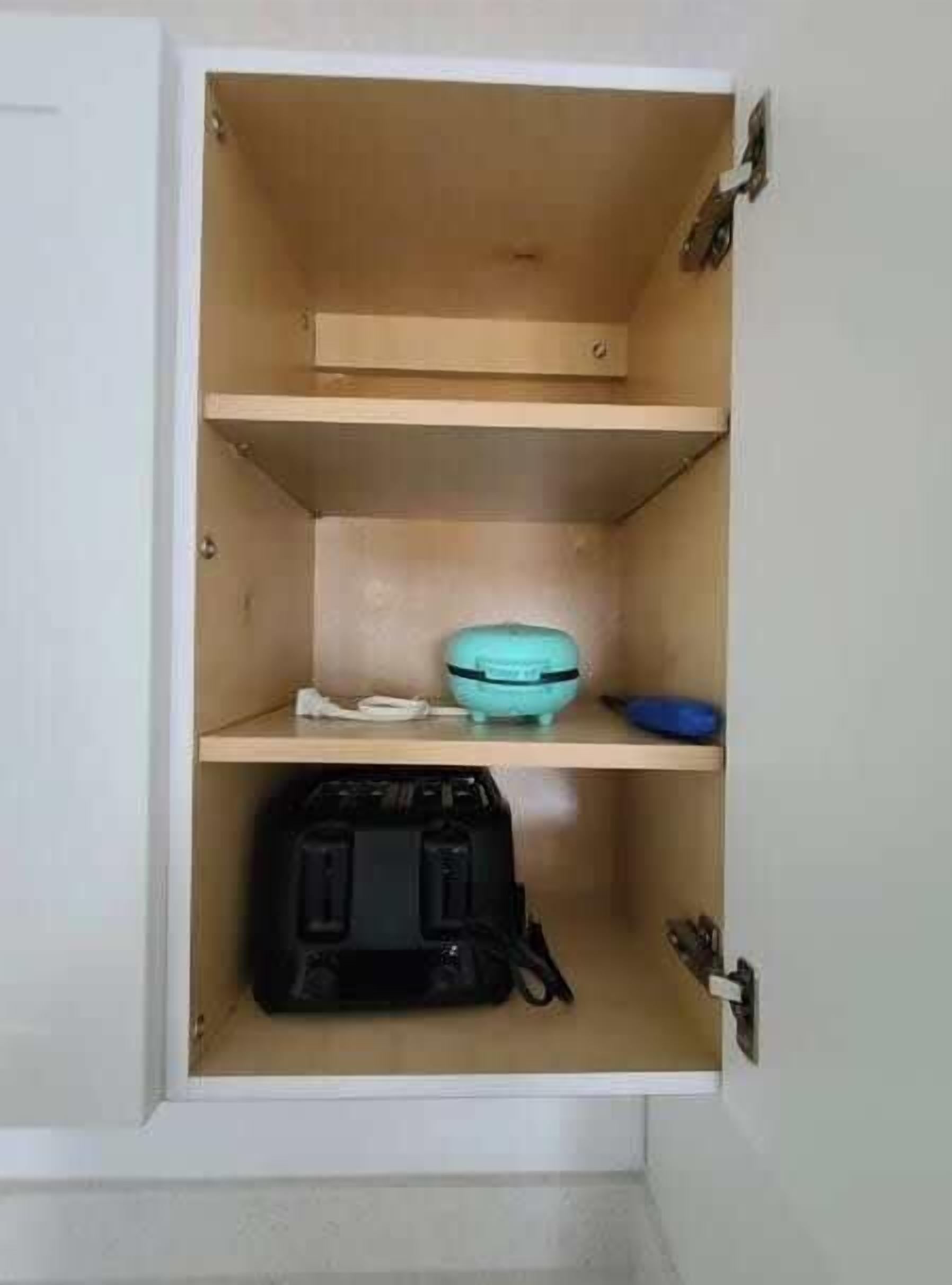 A cabinet with two shelves, one containing a teal bowl and a blue object, and the other with a black electronic device.