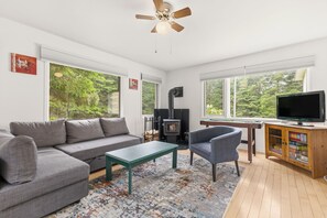 Un salon moderne comprenant un canapé, un fauteuil, une table basse, un téléviseur, une cheminée et de grandes fenêtres.
