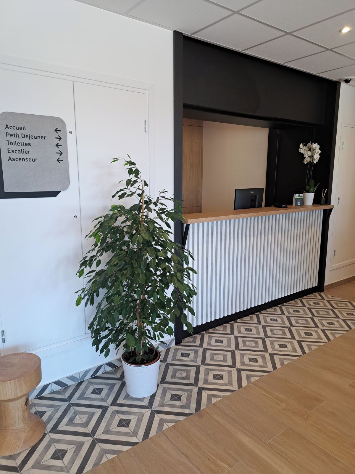 A reception desk with a potted plant, a sign with directions, and a patterned floor.
