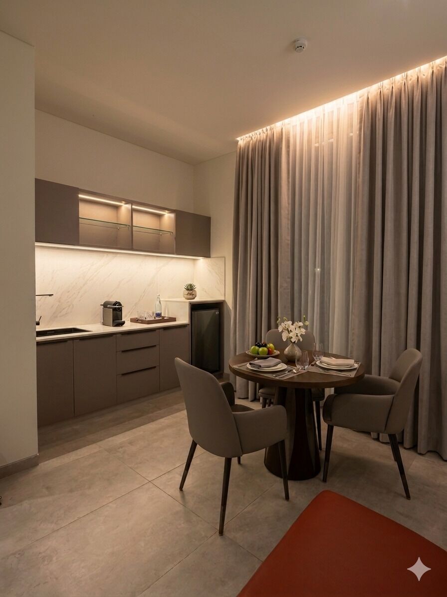 Une cuisine moderne avec un coin repas, comprenant une table dressée pour deux personnes, ainsi que des chaises.
