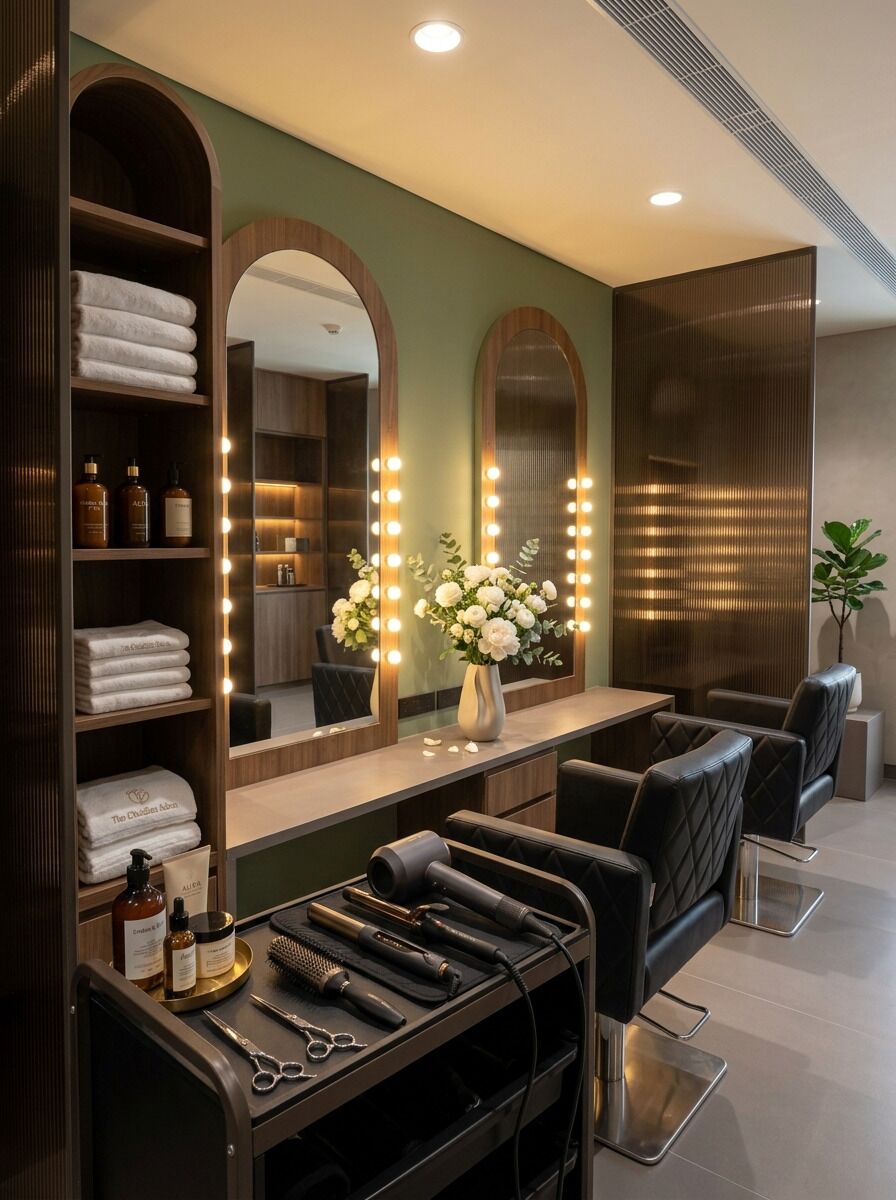 A modern hair salon with a vanity area, mirrors, and a seating area.