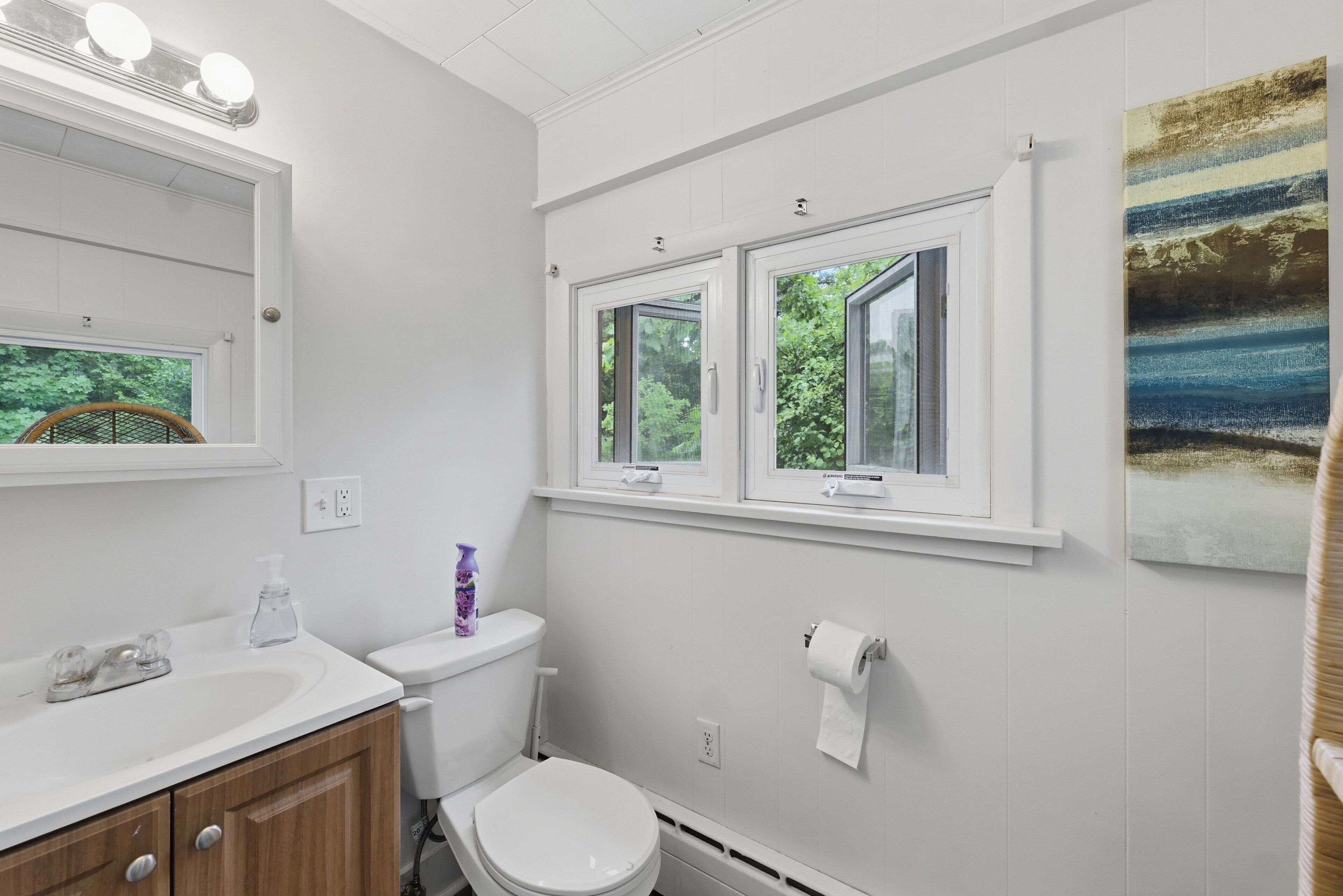 Een badkamer met een wit wastafelmeubel, toilet en twee ramen met witte kozijnen.