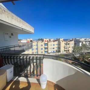 Ein Balkon mit Blick auf eine Wohngegend, einem Geländer und einem weißen Blumentopf.