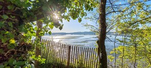 A view through a wooden fence with trees, leading to a body of water and distant land. - Perros: a peaceful, idyllic spot nestled between the sea and the countryside, just a stone's throw from Dinard... (Le Minihic-sur-Rance)