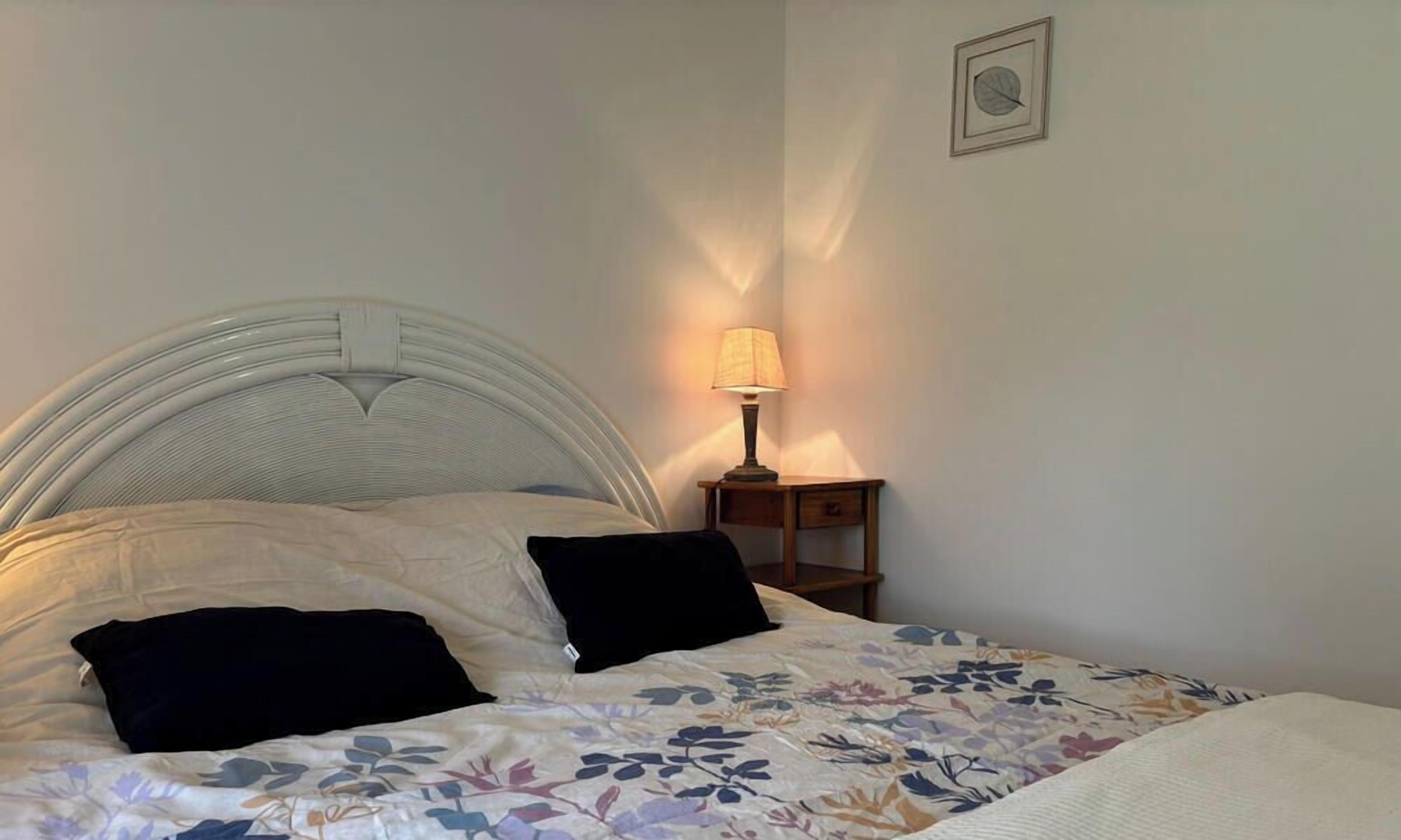 Un lit avec une tête de lit, deux oreillers, une table de chevet avec une lampe et un tableau encadré accroché au mur.