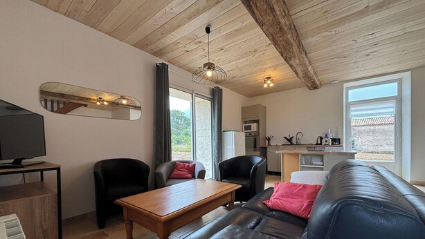 Ein Wohnzimmer mit Holzboden, einem Fernseher, einem Sofa und einem Esstisch.
