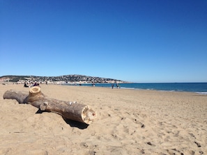 A sandy beach with a large log in the foreground and a distant view of a town across the water. - Cozy apartment, AC, canal view (Sète)
