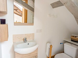 Une salle de bain avec un lavabo blanc, un meuble-lavabo en bois, un miroir et des toilettes.