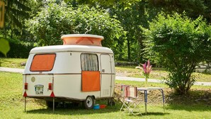 A white camper van parked on a grassy area with orange awnings, a small table with chairs, and a potted plant nearby.