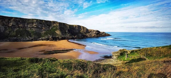 A coastal landscape with a beach, cliffs, and a wooden structure.