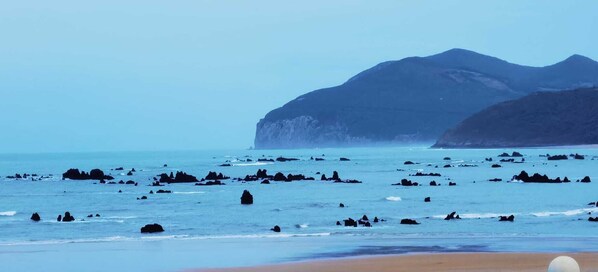 A beach with scattered rocks and a mountain in the background.