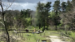 A park with playground equipment, a small building, and a pond.