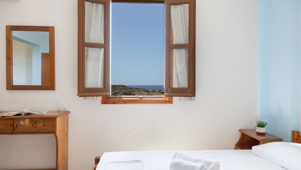 Un dormitorio con cama, un escritorio de madera, una mesita de noche con una planta, una ventana con cortinas y un espejo en la pared.