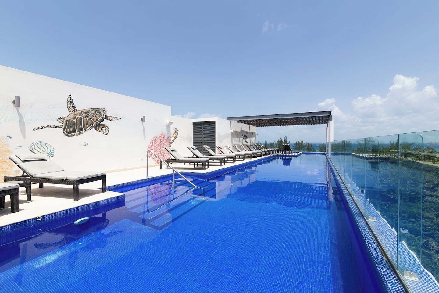 Une piscine à débordement située sur le toit, avec des chaises longues, un espace salon couvert et une fresque représentant une tortue de mer.
