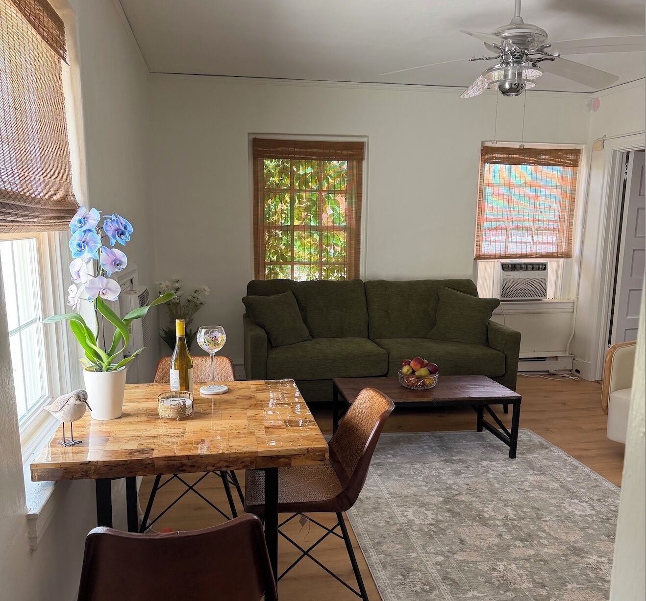 A living room with a sofa, a dining table with chairs, a ceiling fan, and windows with blinds.