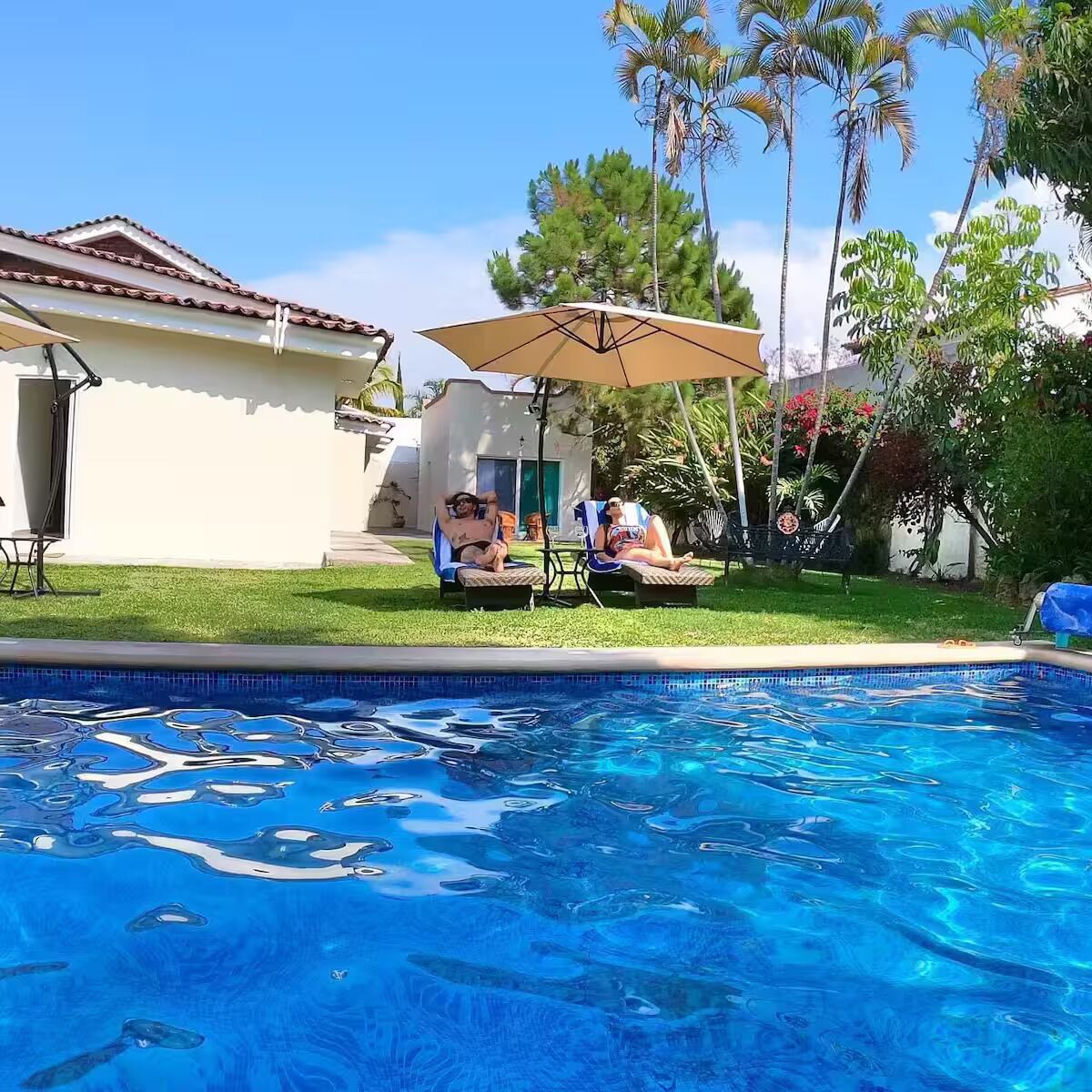 Une piscine avec deux chaises longues sous un auvent, entourée d’une pelouse et de palmiers.