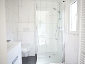 A bathroom with a glass-enclosed shower, a toilet, and a sink. - Cube Exclusive 4 (Velsen-Zuid)