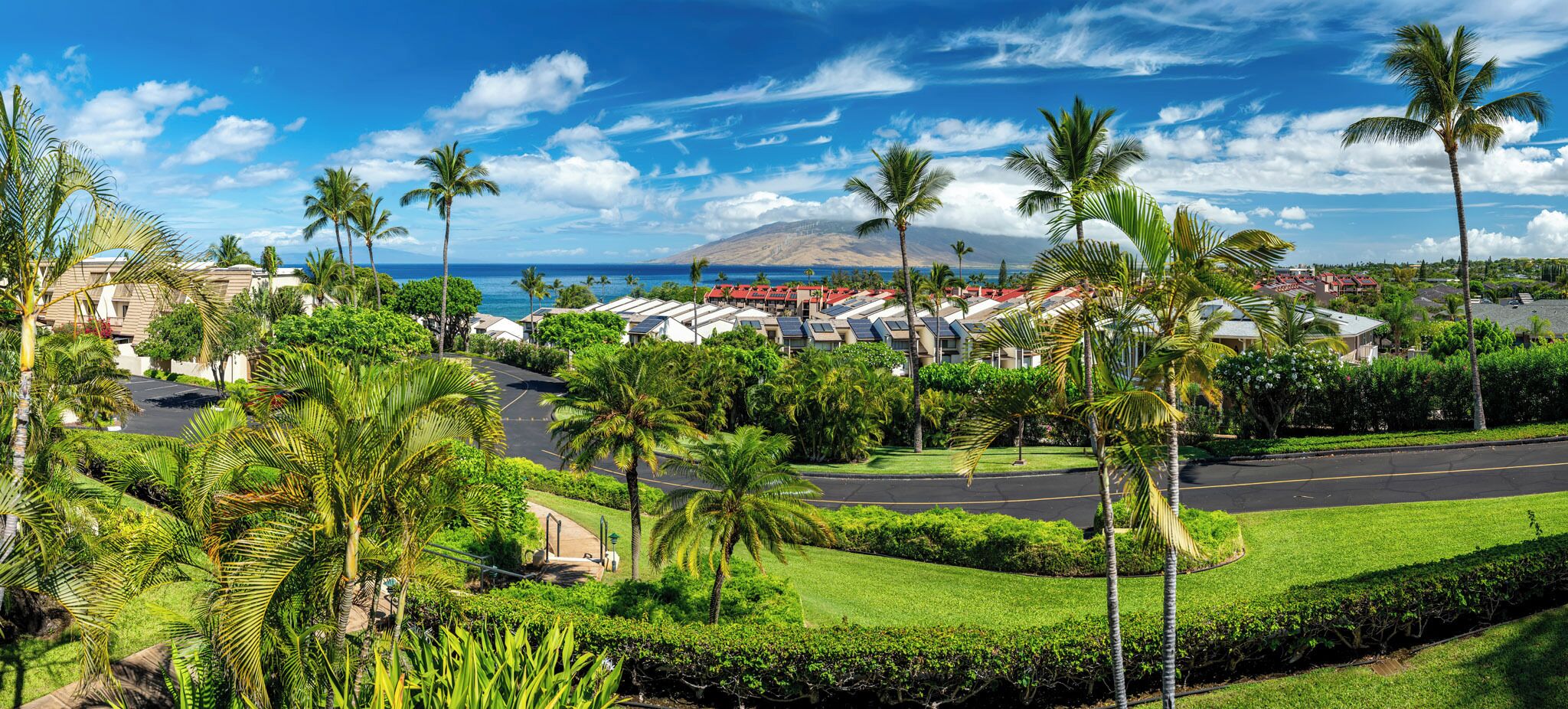 A coastal resort with multiple buildings, palm trees, and a clear view of the ocean.