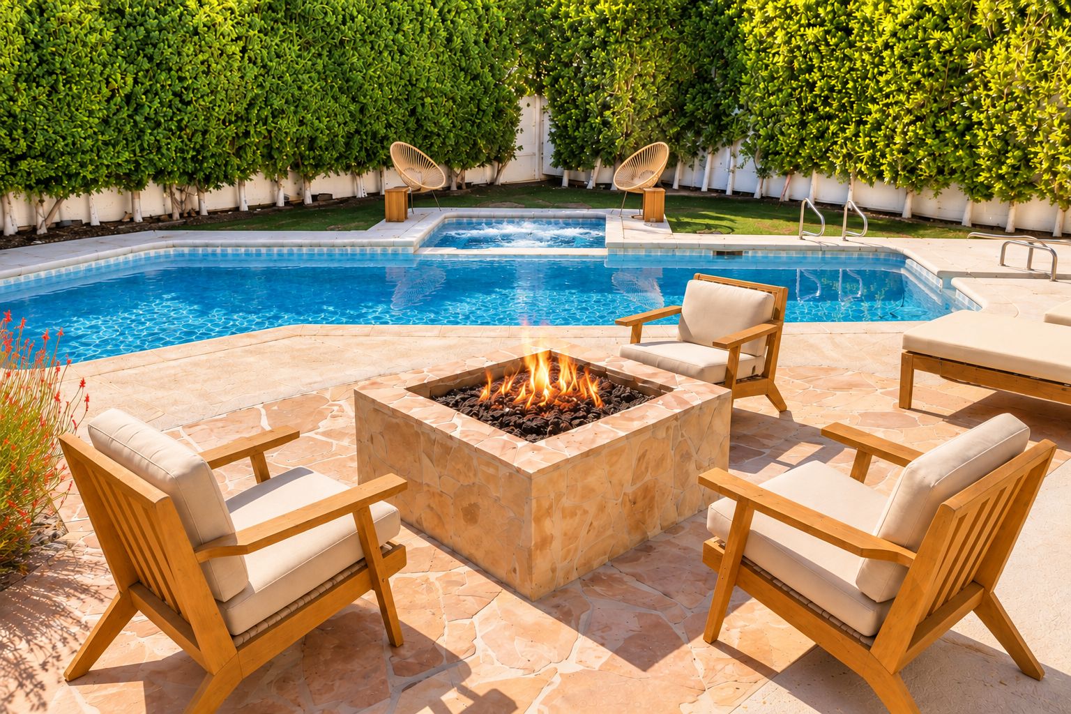 A swimming pool with a fire pit and lounge chairs.