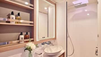 Hair dryer, towels, soap, toilet paper