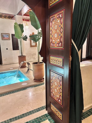 A pool area with a water feature, a potted plant, and a decorative door with intricate patterns.