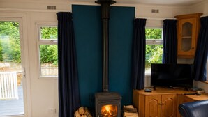 Una sala de estar acogedora con una estufa de leña, un televisor y un armario de madera.