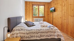 A bedroom with a bed, a TV, a radiator, and a window. - L'anemone Near Campo Smith Lifts (Bardonecchia)