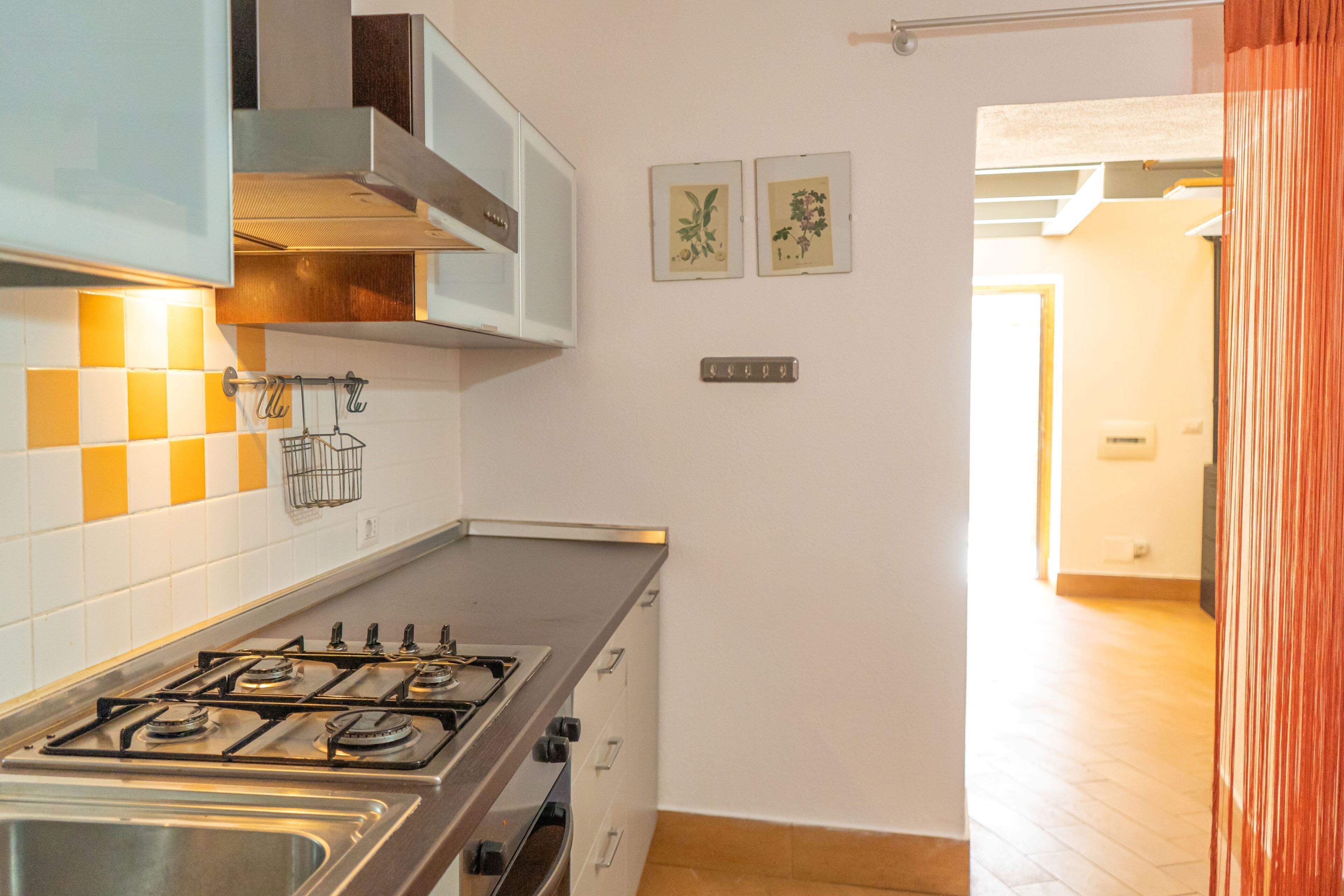 A kitchen with a gas stove, oven, and a stainless steel sink. There are two framed botanical prints on the wall and a light switch.