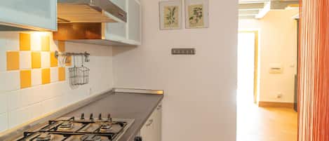 A kitchen with a gas stove, oven, and a stainless steel sink. There are two framed botanical prints on the wall and a light switch.
