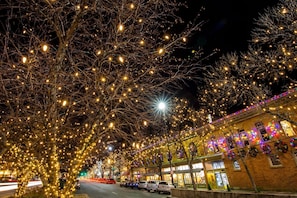 Una calle bordeada de árboles decorados con luces, un edificio de ladrillo con luces de colores y coches aparcados.