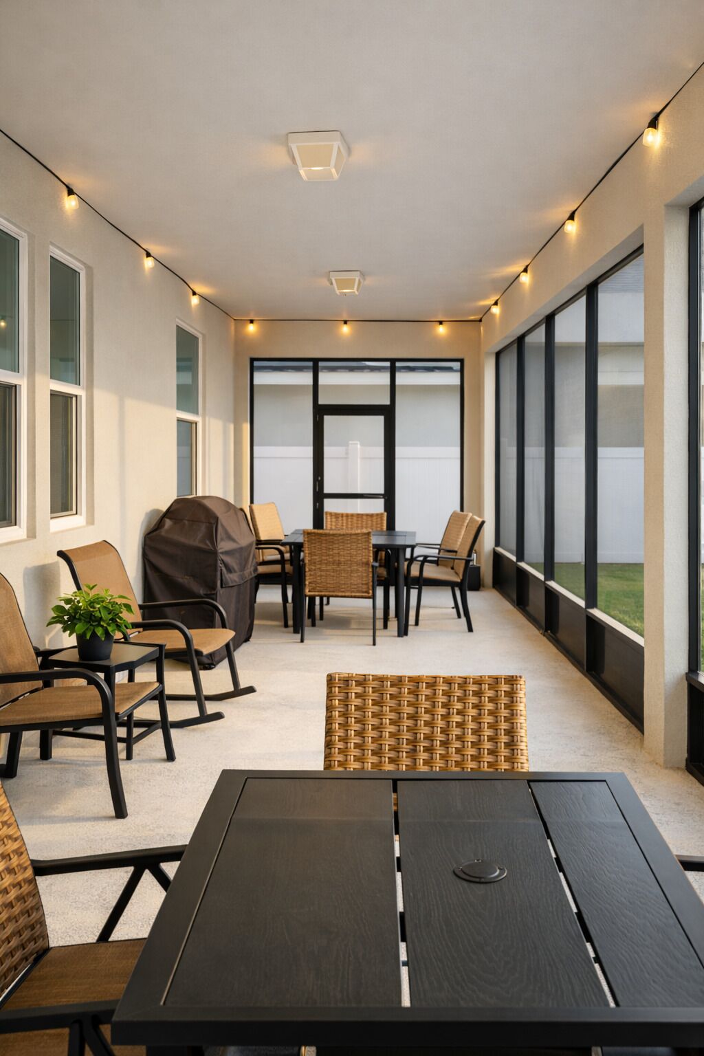 Un espacio de patio cubierto con mesa y sillas, ventanas amplias y luces colgantes.