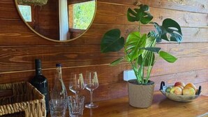A wooden bar area with a mirror, a potted plant, a basket, and a bowl of fruit. - Wilgano (Rvaši)