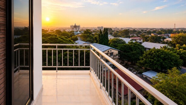 Un balcone con vista sulla città al tramonto.
