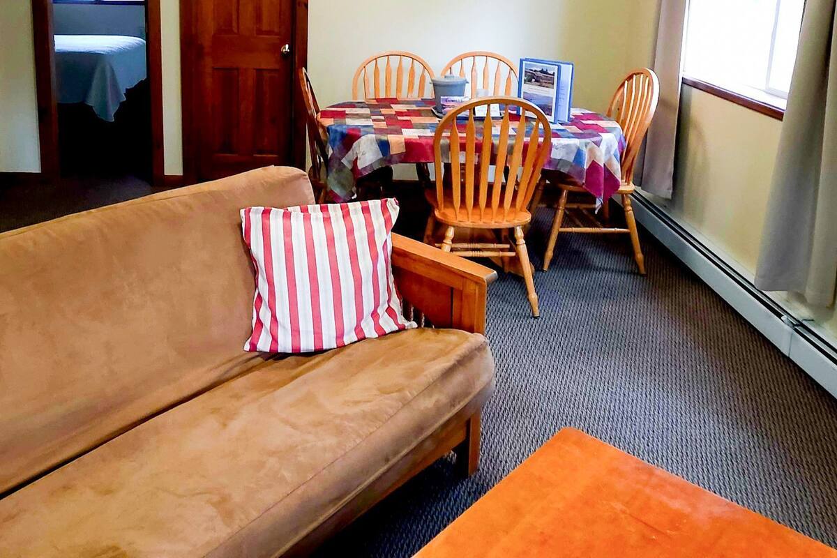 A living room with a sofa, striped pillows, a dining table with chairs, and a window.