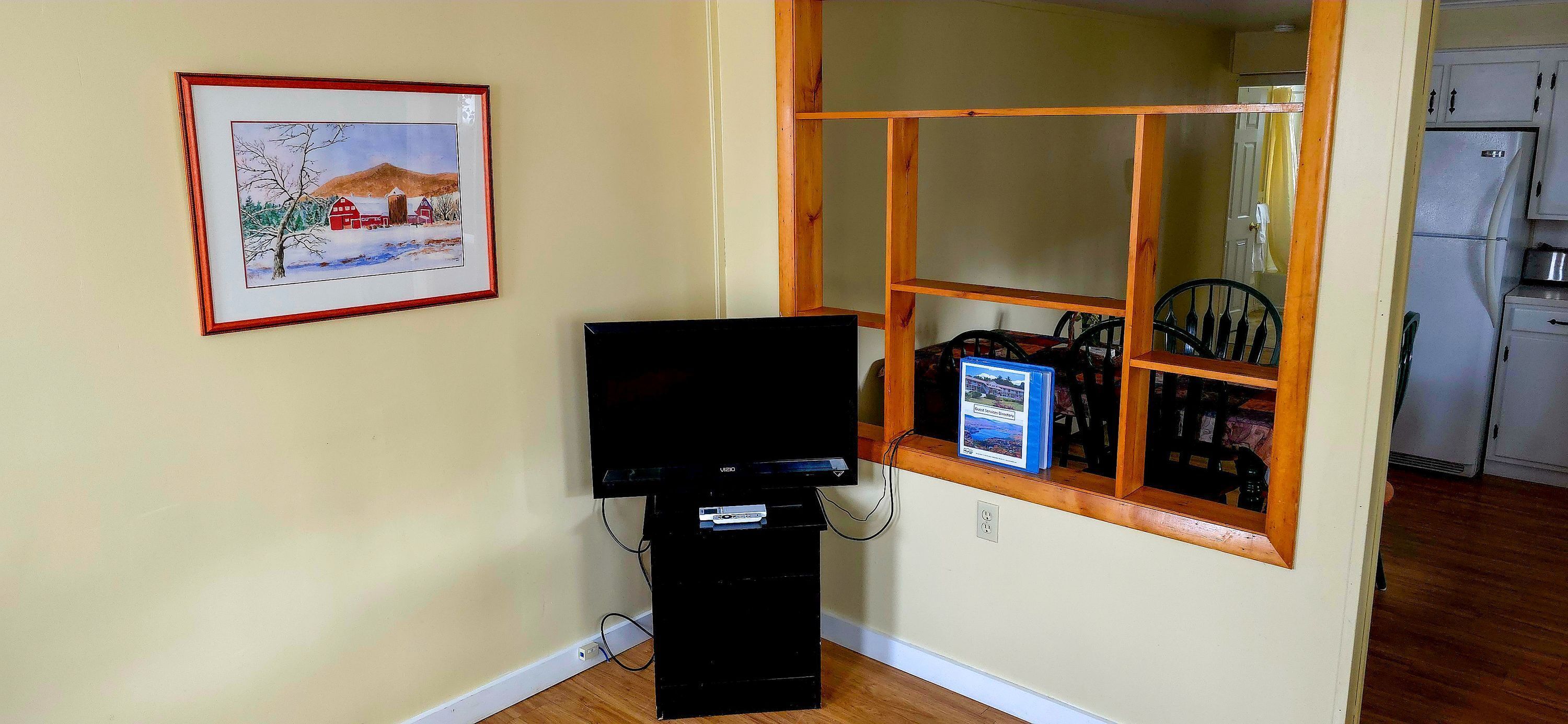 A room with a TV, a framed picture, a window with a view, and a kitchen area.