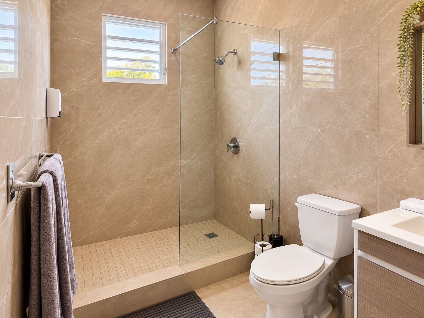 Ein modernes Badezimmer mit einer Duschkabine, einer Toilette und einem Waschbecken.
