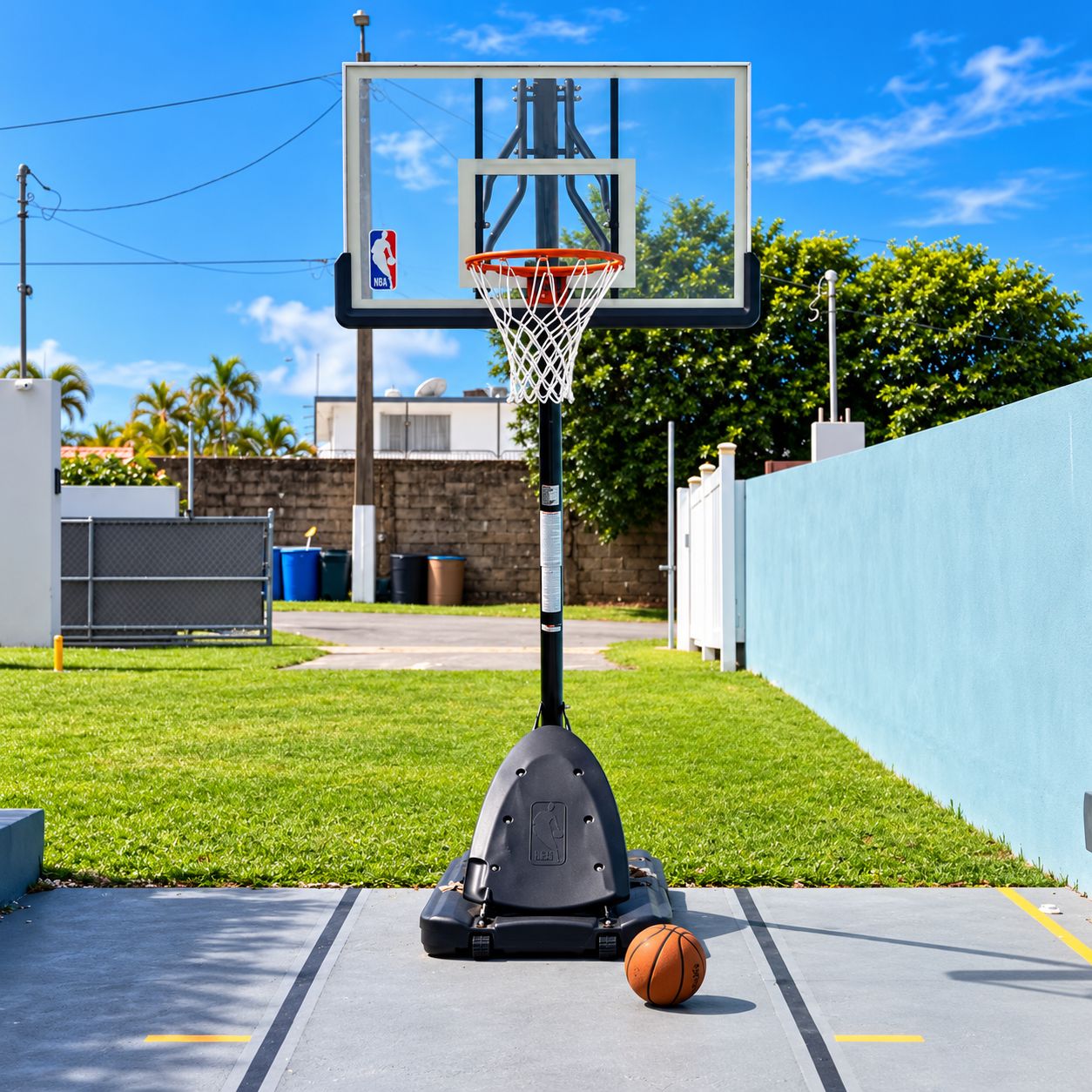 A basketball hoop with a net, mounted on a pole, with a basketball on the ground in front of it.