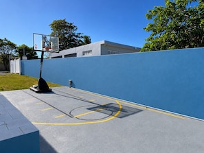 A basketball court with a hoop, a blue wall, and a building in the background.